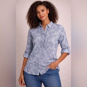 Talbots Blue Paisley Blouse L Roll Tab Sleeve Cotton Career Top